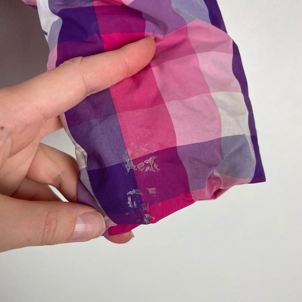 The North Face Girls 550 Down Puffer Jacket Pink Purple Plaid Reversible L 14 16